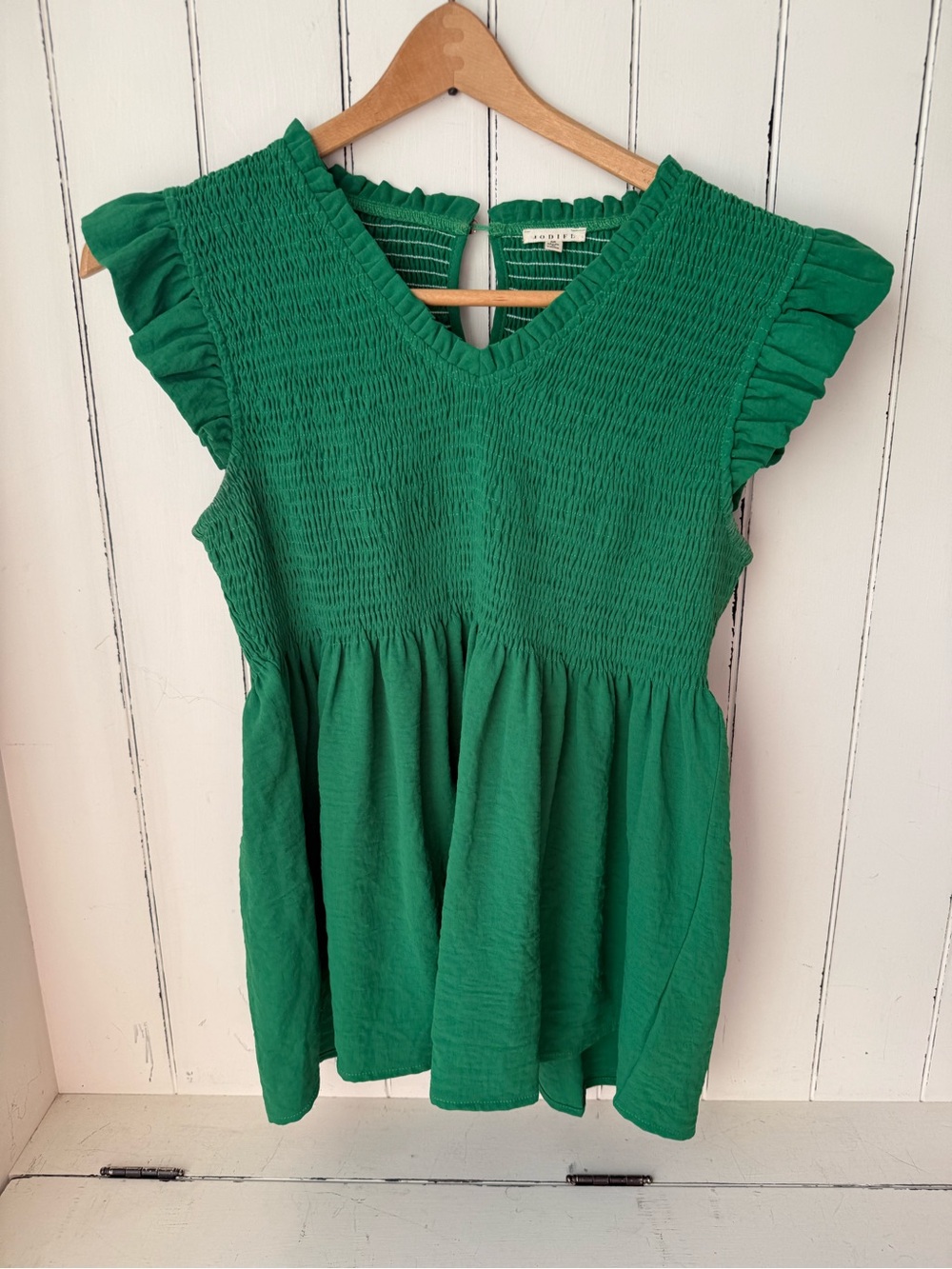 JODIFL Emerald Green Smocked Babydoll Top | Cottagecore Flutter Sleeve Blouse